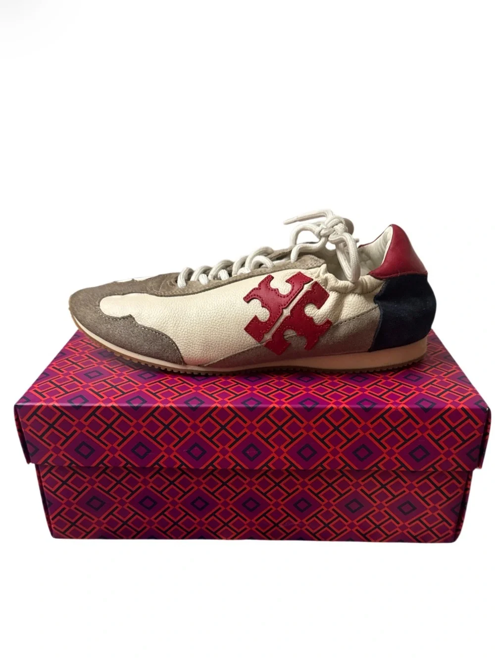 Tory Burch Cream, Berry & Beige Double T Logo Leather Sneaker